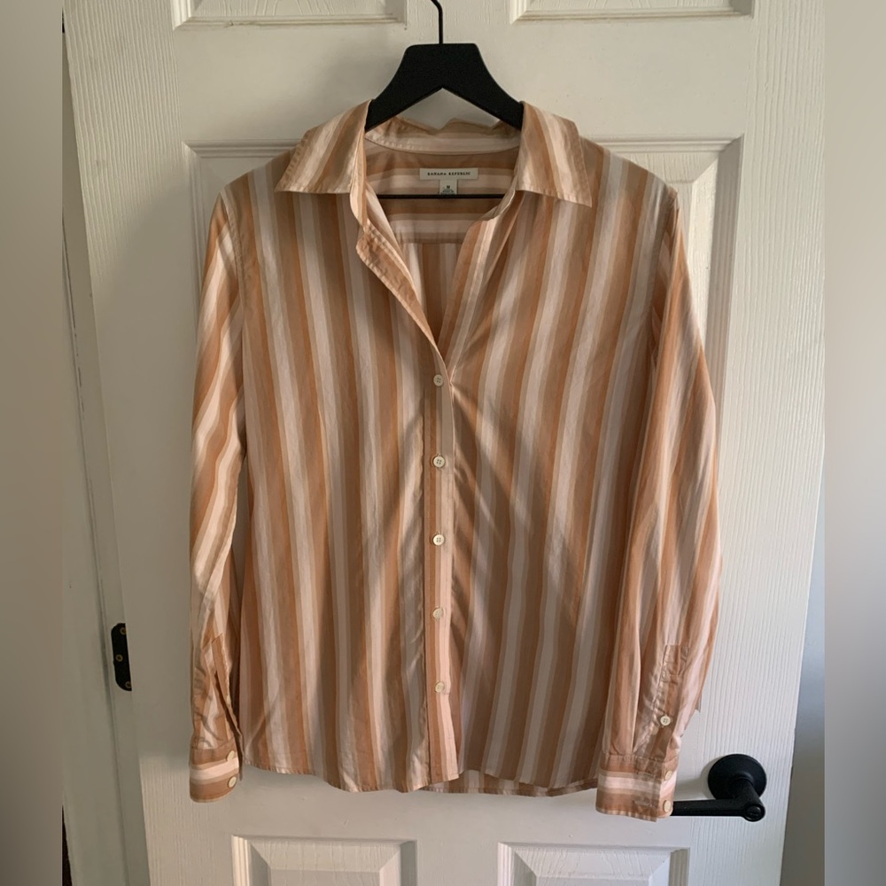 Banana Republic Women's Tan and White Striped Button Down Shirt